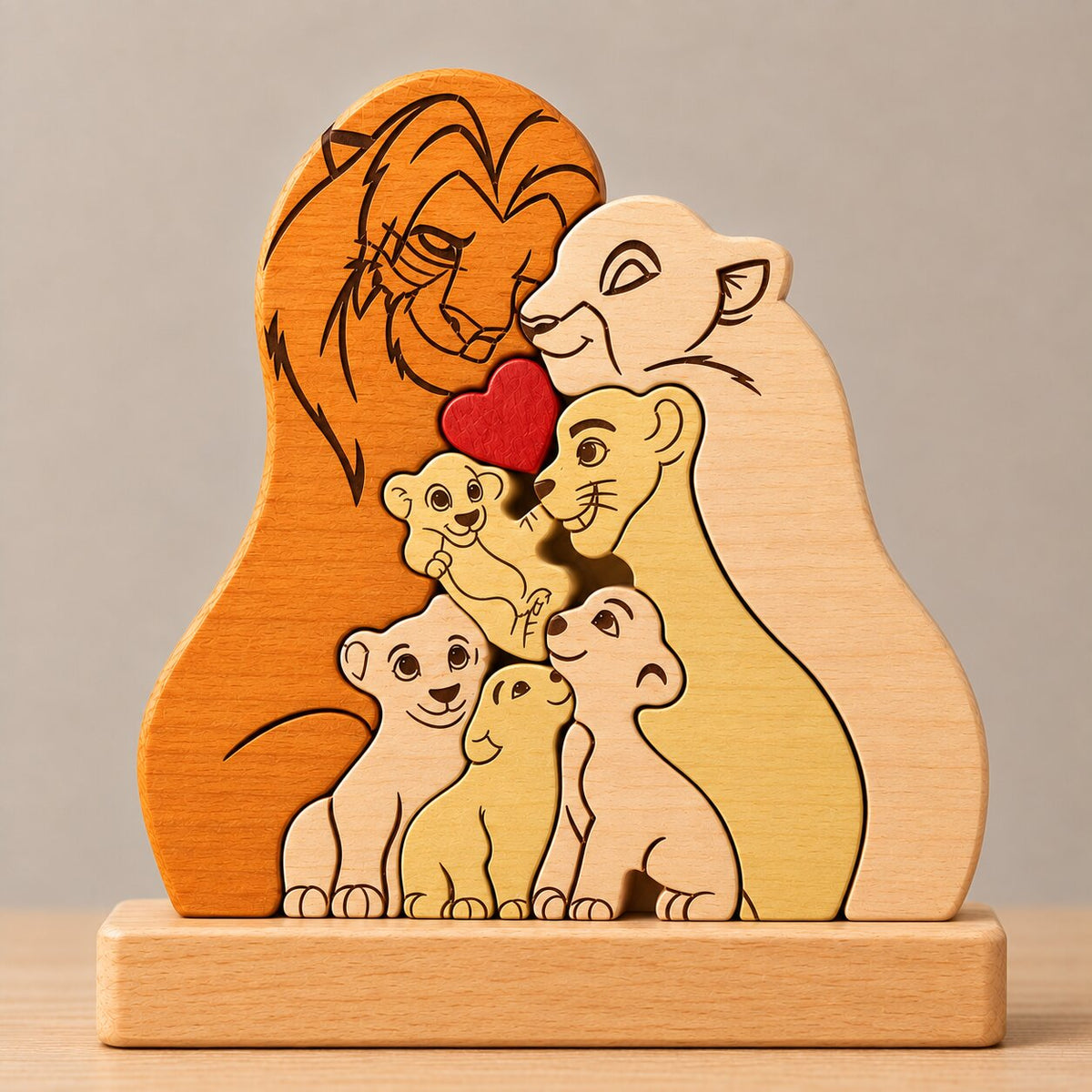 Decorative wood-carved lion figure with a central red heart, perfect as a gift for your partner or family members.