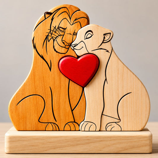 Decorative wood-carved lion figure with a central red heart, perfect as a gift for your partner or family members.